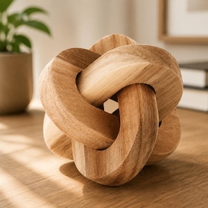 Handmade Wooden Link Knot Decor, Natural Interlocking Sculpture, Modern Organic Shelf Accent