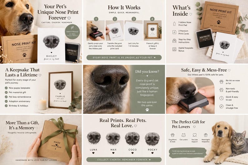 May include: A pet nose print kit with a dog nose print on the box and cards. The kit includes an inkless pad for safe and easy nose prints. The image also shows a framed nose print and a gift box.