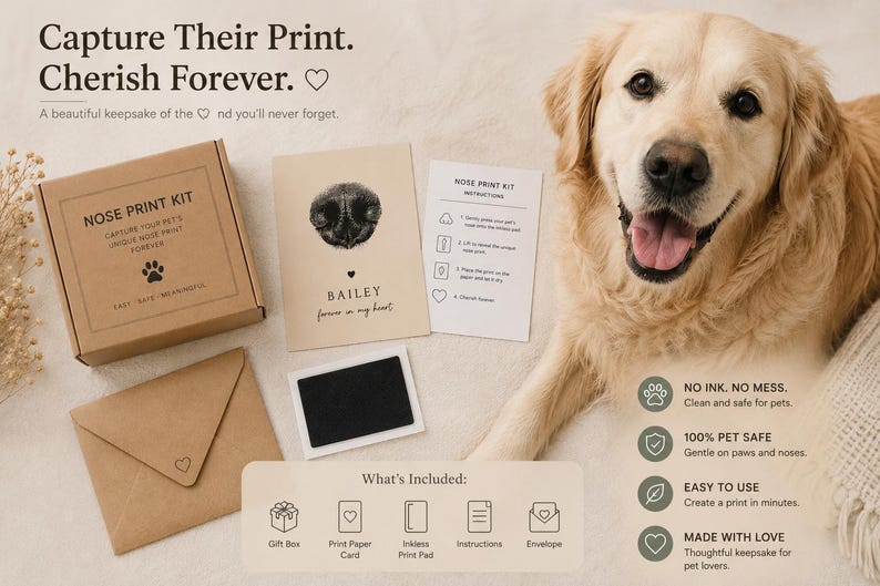 May include: A golden retriever dog next to a nose print kit. The kit includes a gift box, print paper card, inkless print pad, instructions, and an envelope. Text on the box reads "NOSE PRINT KIT". The kit is designed to capture a pet's unique nose print.