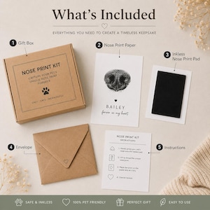 May include: A pet nose print kit with a gift box, nose print paper, inkless nose print pad, envelope, and instructions. The kit includes the text "NOSE PRINT KIT" and "CAPTURE YOUR PET'S UNIQUE NOSE PRINT FOREVER". The kit is safe, inkless, and pet-friendly.