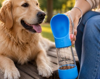 Personalized Dog Water Bottle with Food Container, Portable Travel Pet Dispenser