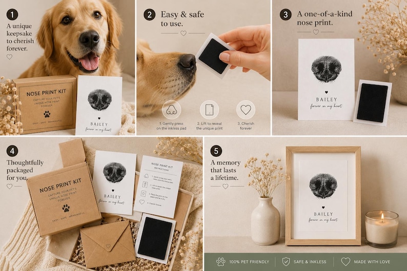 May include: A pet nose print kit with a Golden Retriever. The kit includes a brown box, a print card, and an ink pad. The print card has a nose print and the text "BAILEY forever in my heart". The kit is a unique keepsake.