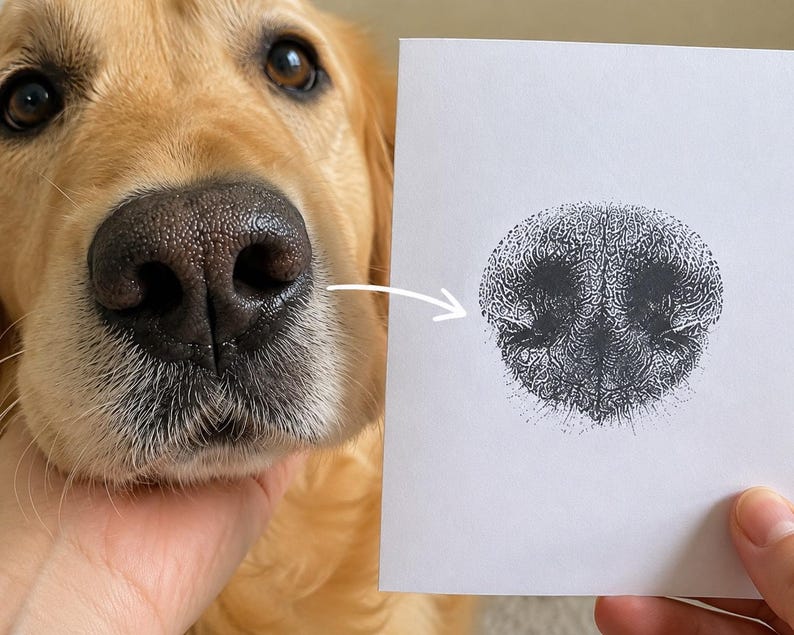 May include: A close-up of a Golden Retriever's nose, with a detailed drawing of the dog's nose on a white card. The dog's nose is black and wet, with a textured surface. The drawing is in black and white.