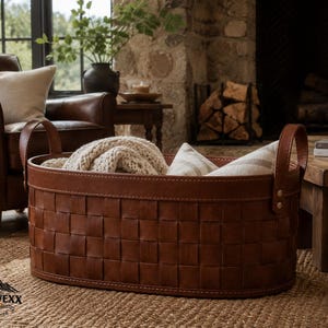 Peut inclure: Un panier de rangement de forme ovale fabriqué à partir de bandes de cuir tressées marron. Le panier présente un bord en cuir solide, deux poignées verticales fixées par des rivets métalliques et contient un textile tricoté crème plié.