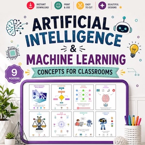 May include: A digital educational poster set titled Artificial Intelligence & Machine Learning Concepts for Classrooms, featuring nine individual charts with diagrams, icons, and text explaining topics like neural networks, algorithms, and AI ethics.