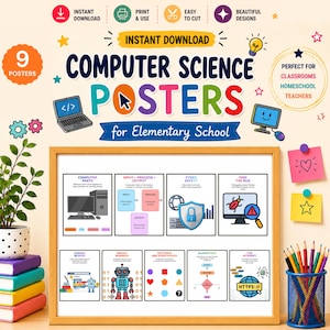 May include: A set of nine educational computer science posters for elementary school students, featuring colorful illustrations of computer parts, input-process-output diagrams, cyber safety, debugging, coding blocks, binary, and algorithms.