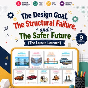 May include: A digital download set of 9 educational posters titled The Design Goal, The Structural Failure, and The Safer Future (The Lesson Learned). The posters feature illustrations of bridges, cars, and rockets with text explaining engineering concepts.