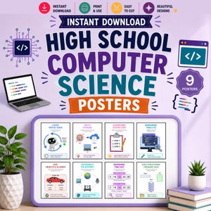 May include: A set of nine digital high school computer science posters featuring educational graphics on topics like loops, data storage, algorithms, debugging, object-oriented programming, networks, searching, and data structures with clear text.