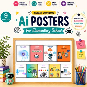 May include: A set of nine educational posters titled Ai POSTERS For Elementary School, featuring colorful illustrations of robots, brains, and icons. The posters explain artificial intelligence concepts like data, pattern finding, and voice to text.