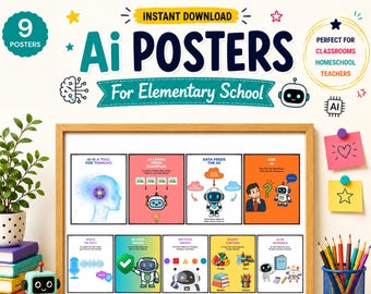 AI教室ポスター、小学校向け教育用壁掛けアート（デジタルダウンロード）