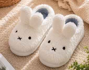 Miffy Plush Slippers | Cute Kawaii Winter House Shoes  Warm Anti Slip Home Slides.