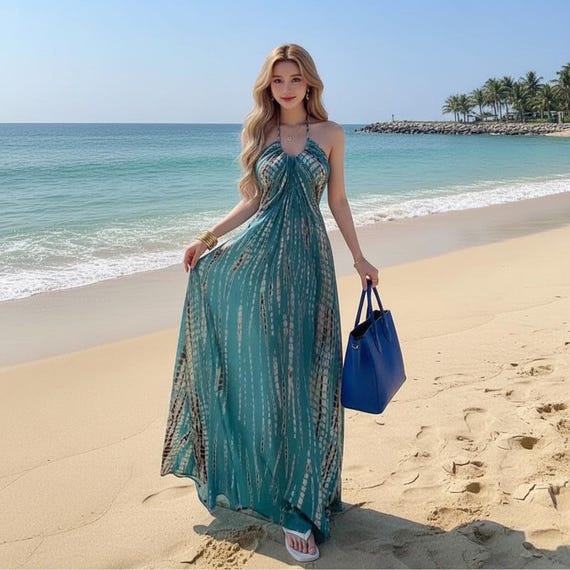 blue tie dye halter dress Maxi Dress, Beach Dress, Resort Wear Women fully-lined:false