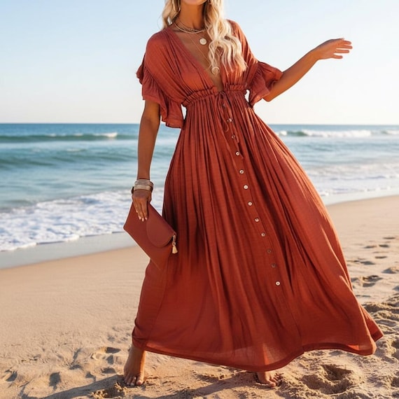 rust beach dress Boho Maxi Dress, Button Front Summer Dress, Vacation Wear Self Portrait Black Boucle collection:basic-top delicate front button details Color:BLEU JEAN CLAIR