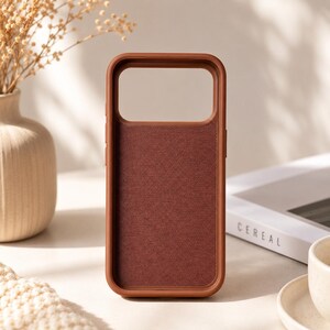 May include: A rectangular smartphone case in a solid terracotta brown color. The case features a smooth, raised outer frame and a textured, fabric-like inlay covering the back panel, with a large rectangular cutout at the top for a camera module.