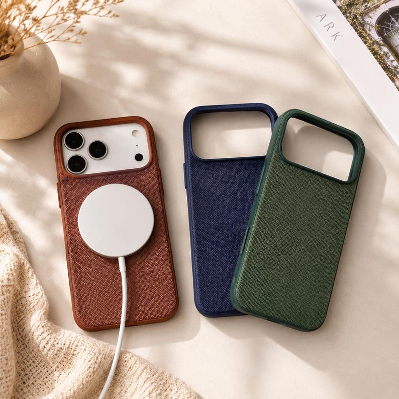 May include: Three rectangular smartphone cases with textured surfaces in brown, navy blue, and dark green. The brown case is attached to a white circular magnetic wireless charger with a cord. Each case features a large cutout for the camera lens.