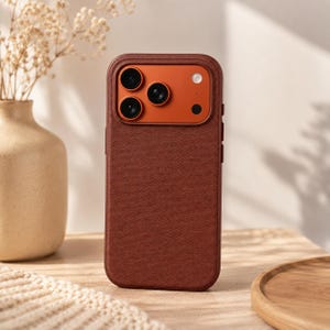 May include: A smartphone case with a textured dark brown fabric back and a smooth, contrasting orange camera module housing three circular lenses and a flash. The case features a raised border around the camera area and a solid dark brown frame.