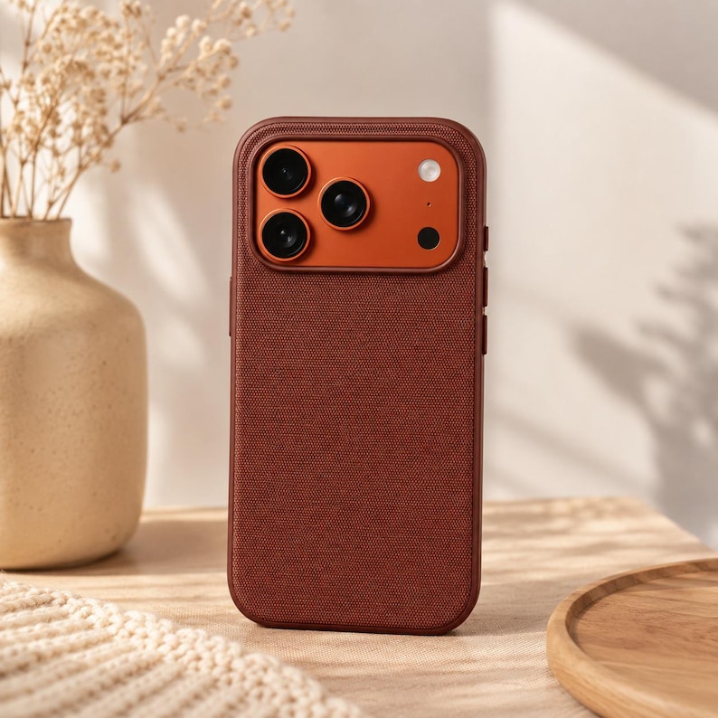 May include: A smartphone case with a textured dark brown fabric back and a smooth, contrasting orange camera module housing three circular lenses and a flash. The case features a raised border around the camera area and a solid dark brown frame.
