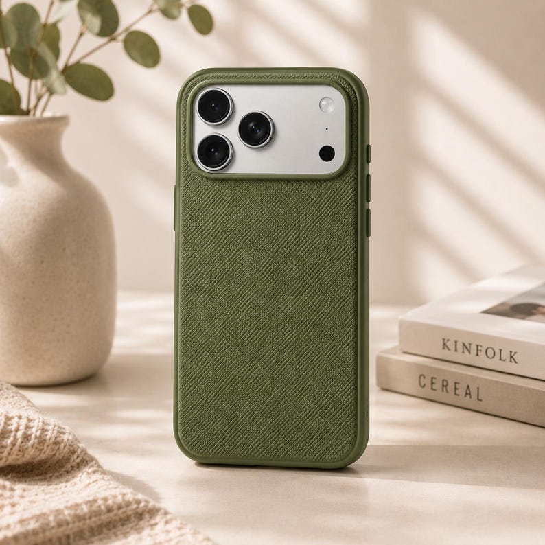 May include: A sage green smartphone case with a textured, cross-hatched surface. The case features a rectangular camera cutout at the top, revealing three circular camera lenses and a flash module arranged in a triangular configuration.