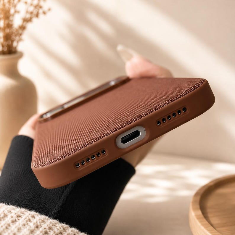 May include: A brown phone case with a textured fabric back and a smooth frame. The bottom edge features a central charging port cutout flanked by two rows of small circular speaker holes. The case has a slim profile and a uniform dark brown color.