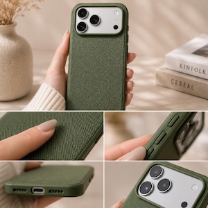 May include: An olive green smartphone case with a textured fabric-like finish. The case features a raised camera cutout with a light-colored border, precise side button covers, and a bottom opening for a charging port and speakers.