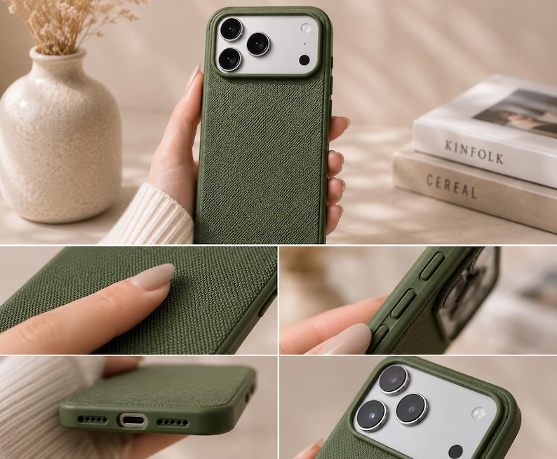May include: An olive green smartphone case with a textured fabric-like finish. The case features a raised camera cutout with a light-colored border, precise side button covers, and a bottom opening for a charging port and speakers.