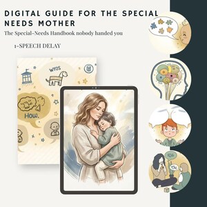 Puede incluir: Una guía digital titulada DIGITAL GUIDE FOR THE SPECIAL NEEDS MOTHER: The Special-Needs Handbook nobody handed you, 1-SPEECH DELAY. Incluye una tableta que muestra la ilustración de una persona sosteniendo a un niño, rodeada de iconos.