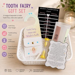 May include: A tooth fairy gift set in a white basket containing a door hanger with the text Tooth fairy... Please take Winter's tooth, a black Winter's Toothbrushing Chart, a yellow 2-minute sand timer, a white tooth pouch, and a letter.
