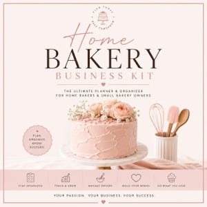 Könnte beinhalten: Ein rosa Home Bakery Business Kit mit Kuchen, Schneebesen, Spatel und Löffel. Das Kit enthält einen Planer und Organizer für Hobbybäcker und kleine Bäckereien. Der Text enthält "Planen, Organisieren, Wachsen, Erfolgreich sein" und "Ihre Leidenschaft. Ihr Geschäft. Ihr Erfolg."