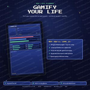 Pode incluir: Um planejador de vida RPG digital exibido na tela de um tablet com fundo de grade azul escuro. A interface apresenta estatísticas de personagem, registros de missões e uma lista de recursos, incluindo 10 páginas com hiperlinks.