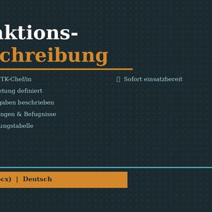 以下が含まれることがあります： ドイツ語の「Funktionsbeschreibung」という言葉が白とオレンジで書かれた濃いティール色のグラフィック。テキストには職務内容と要件が記載されています。下部には「Word (.docx) | Deutsch」というテキストがあります。
