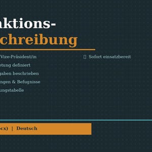 Könnte beinhalten: Dunkelblauer Hintergrund mit weißem Text "Funktionsbeschreibung". Darunter Aufzählungspunkte mit Aufgaben und Anforderungen. Ein orangefarbener Kasten unten zeigt "Word (.docx) | Deutsch".