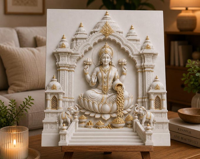 Featured listing image: 3D relief Laxmi with gold accents home decor frameless panel