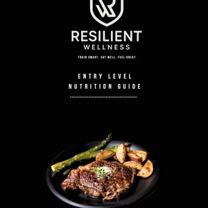 Può includere: Uno sfondo nero presenta il logo e il testo in bianco RESILIENT WELLNESS, TRAIN SMART. EAT WELL. FEEL GREAT, e ENTRY LEVEL NUTRITION GUIDE. Sotto, un piatto nero contiene una bistecca cotta, spicchi di patate e asparagi verdi.