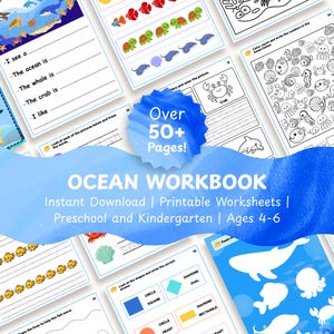 Oceaan afdrukbaar werkboek voor kinderen, werkbladpakket voorschoolse activiteiten, leerpagina's kleuterschool, wiskunde overtrekken schrijven kleurplaten