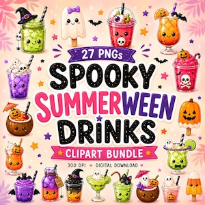Pacote de Clipart de Bebidas Assustadoras de Verão em PNG, Clipart Fofo de Coquetéis e Mocktails de Verão para o Halloween, Abóbora Fantasma Kawaii com Morcego em PNG, 27 PNGs
