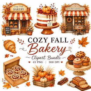 Pode incluir: Um conjunto de cliparts digitais com ilustrações de padaria com tema de outono, incluindo fachadas, um bolo de abóbora num suporte, rolos de canela numa caixa, muffins, abóboras numa caixa, um croissant e o texto Cozy Fall Bakery.