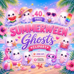 May include: A digital collection of 40 Summerween Ghosts clipart PNGs featuring white ghosts with large eyes in beach settings. Elements include ghosts with watermelon, straw hats, boba tea, popsicles, starfish, crabs, and snorkeling gear.