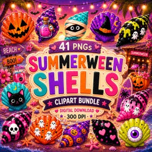 May include: A digital clipart bundle titled 41 PNGs SUMMERWEEN SHELLS featuring various colorful seashells decorated with Halloween motifs like jack-o'-lanterns, ghosts, a black cat, a witch hat, and a potion bottle against a sunset beach background.