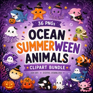 Op de afbeelding: Een digitaal clipart-pakket met 36 PNG-bestanden van cartoon zeedieren in Halloween-kostuums, waaronder een haai, zeester, octopus, dolfijn, schildpad en krab, tegen een paarse achtergrond met de tekst Ocean Summerween Animals.