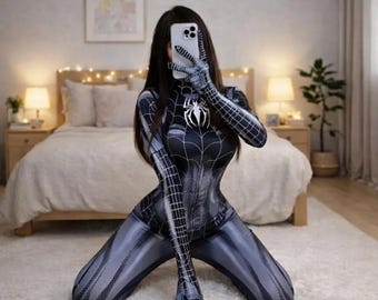 Spider-Man Costume For Women, Spider Inspired Spandex Outfit, Spider Style Superhero Costume For Cosplay Party, Flexible Bodysuit For Girls.