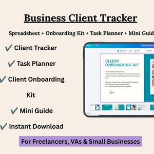 May include: A digital business client tracker featuring a spreadsheet, onboarding kit, task planner, and mini guide. The display shows a client onboarding kit presentation on a tablet screen with checkmarks next to each listed feature.