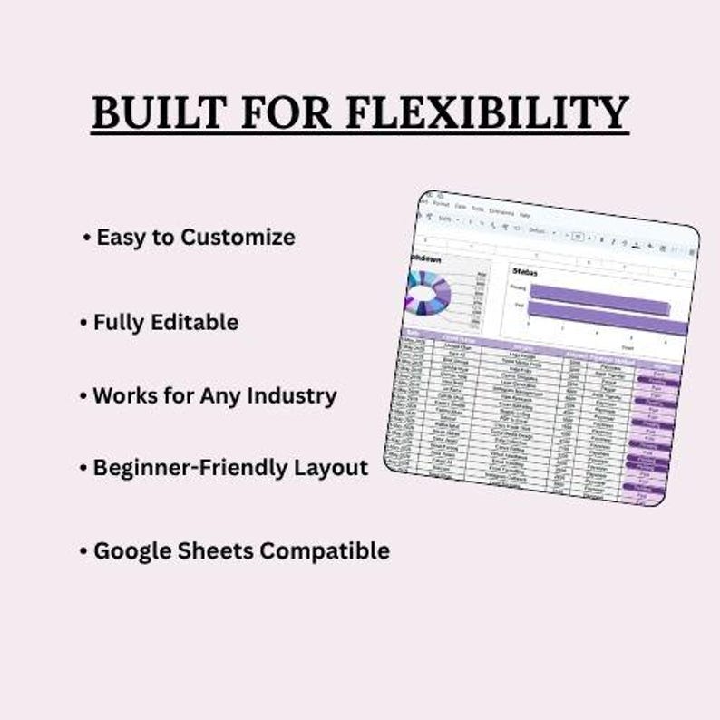 K&ouml;nnte beinhalten: Eine digitale Tabellenkalkulationsvorlage mit dem Titel BUILT FOR FLEXIBILITY, die eine Liste von Vorteilen wie Easy to Customize, Fully Editable, Works for Any Industry, Beginner-Friendly Layout und Google Sheets Compatible sowie eine Datentabelle enth&auml;lt.