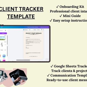 K&ouml;nnte beinhalten: Eine digitale Client-Tracker-Vorlage auf einem Tablet-Bildschirm mit einer Projektstartnachricht. Der Text enth&auml;lt Onboarding Kit, Professional client intake, Mini Guide, Easy setup instructions, Google Sheets Tracker und Communication Templates.