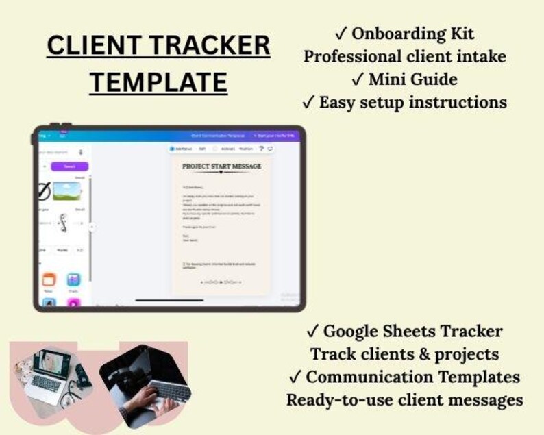 K&ouml;nnte beinhalten: Eine digitale Client-Tracker-Vorlage auf einem Tablet-Bildschirm mit einer Projektstartnachricht. Der Text enth&auml;lt Onboarding Kit, Professional client intake, Mini Guide, Easy setup instructions, Google Sheets Tracker und Communication Templates.