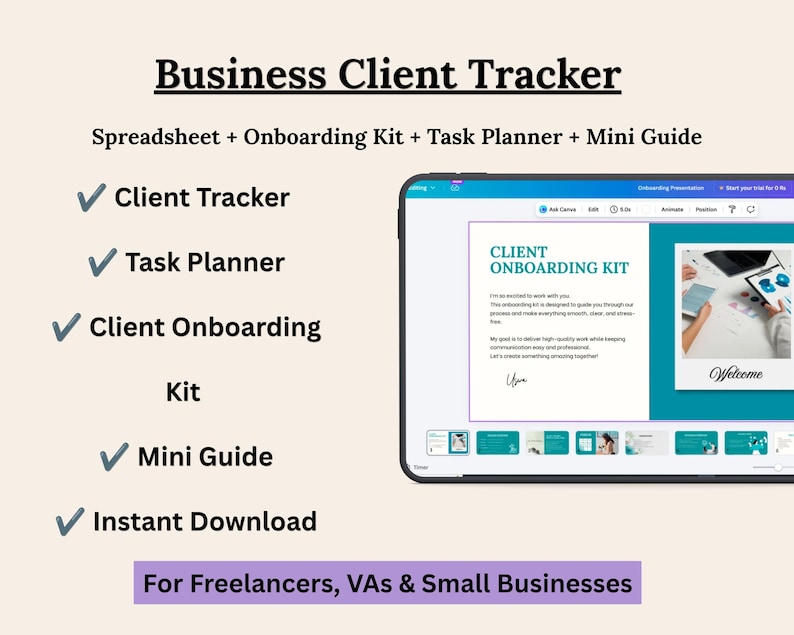 K&ouml;nnte beinhalten: Ein digitaler Gesch&auml;ftskunden-Tracker mit Tabellenkalkulation, Onboarding-Kit, Aufgabenplaner und Mini-Guide. Das Display zeigt eine Onboarding-Pr&auml;sentation auf einem Tablet-Bildschirm mit H&auml;kchen neben den aufgef&uuml;hrten Funktionen.