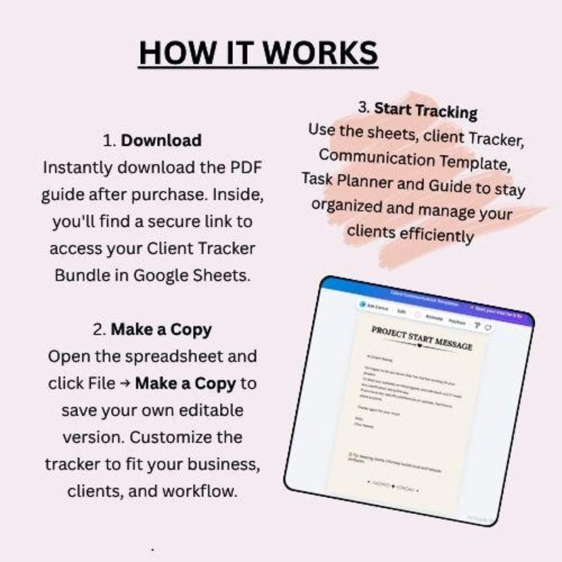 K&ouml;nnte beinhalten: Eine Anleitungsgrafik mit dem Titel HOW IT WORKS und drei Schritten. Schritt 1: PDF-Anleitung herunterladen. Schritt 2: Eine Kopie der Tabelle erstellen. Schritt 3: Mit den Tabellen, dem Client-Tracker und dem Planer mit dem Tracking beginnen.