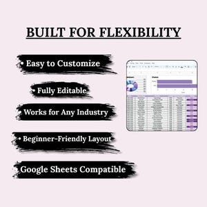 K&ouml;nnte beinhalten: Eine digitale Tabellenvorlage mit dem Titel BUILT FOR FLEXIBILITY. Die Funktionen umfassen Easy to Customize, Fully Editable, Works for Any Industry, Beginner-Friendly Layout und Google Sheets Compatible. Eine Daten&uuml;bersicht mit Diagrammen ist zu sehen.