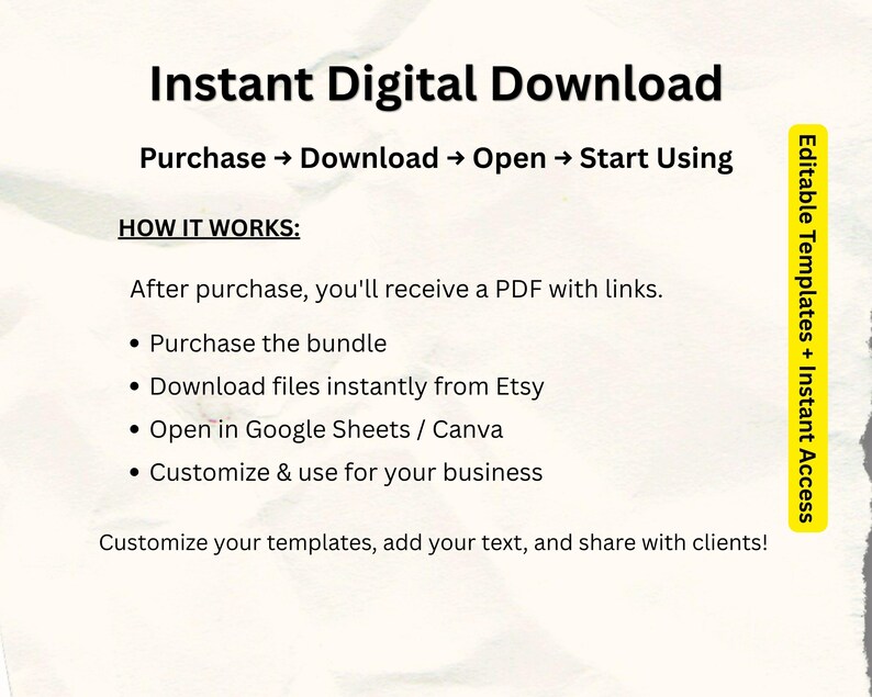 K&ouml;nnte beinhalten: Eine informative Grafik mit dem Titel Instant Digital Download und den Schritten Purchase, Download, Open, Start Using. Sie erkl&auml;rt den Erhalt eines PDFs mit Links zu Google Sheets oder Canva Vorlagen f&uuml;r gesch&auml;ftliche Zwecke, mit einem gelben Seitenreiter.