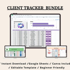 K&ouml;nnte beinhalten: Ein digitales Kunden-Tracker-Paket auf drei Bildschirmen. Der Hauptbildschirm zeigt eine Tabelle mit einem Tortendiagramm zur Einkommensaufschl&uuml;sselung und einem Status-Balkendiagramm. Die kleineren Bildschirme zeigen einen Tracker.