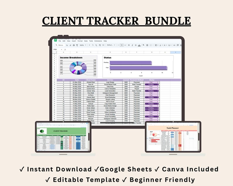 K&ouml;nnte beinhalten: Ein digitales Kunden-Tracker-Paket auf drei Bildschirmen. Der Hauptbildschirm zeigt eine Tabelle mit einem Tortendiagramm zur Einkommensaufschl&uuml;sselung und einem Status-Balkendiagramm. Die kleineren Bildschirme zeigen einen Tracker.